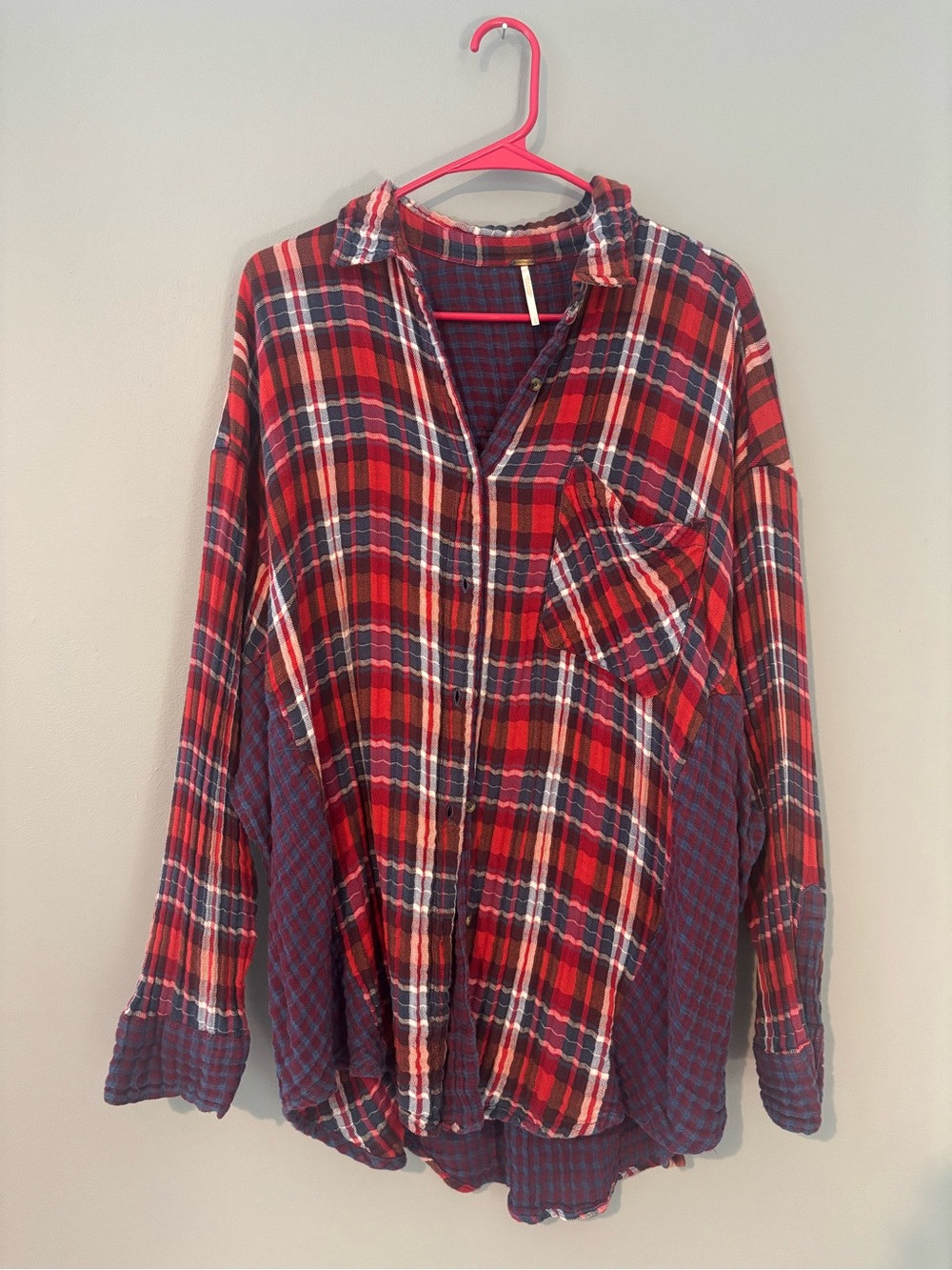 Free People Red and Navy Plaid Button-Down Shirt
